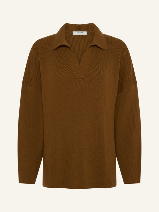 LOUISE Ribbed Polo Sweater in Ochre