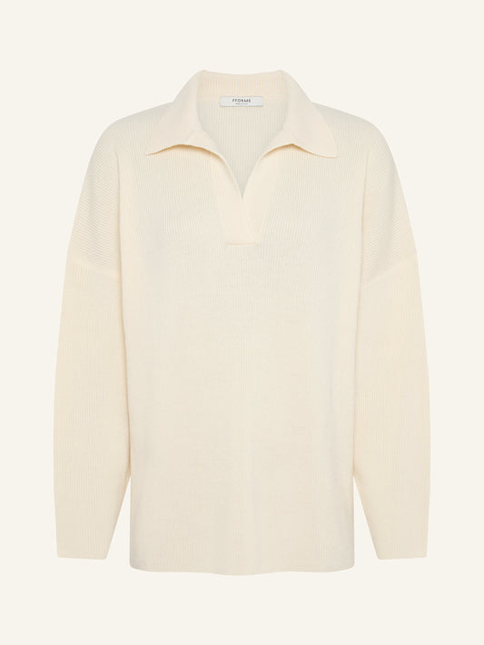 LOUISE Ribbed Polo Sweater in Off White