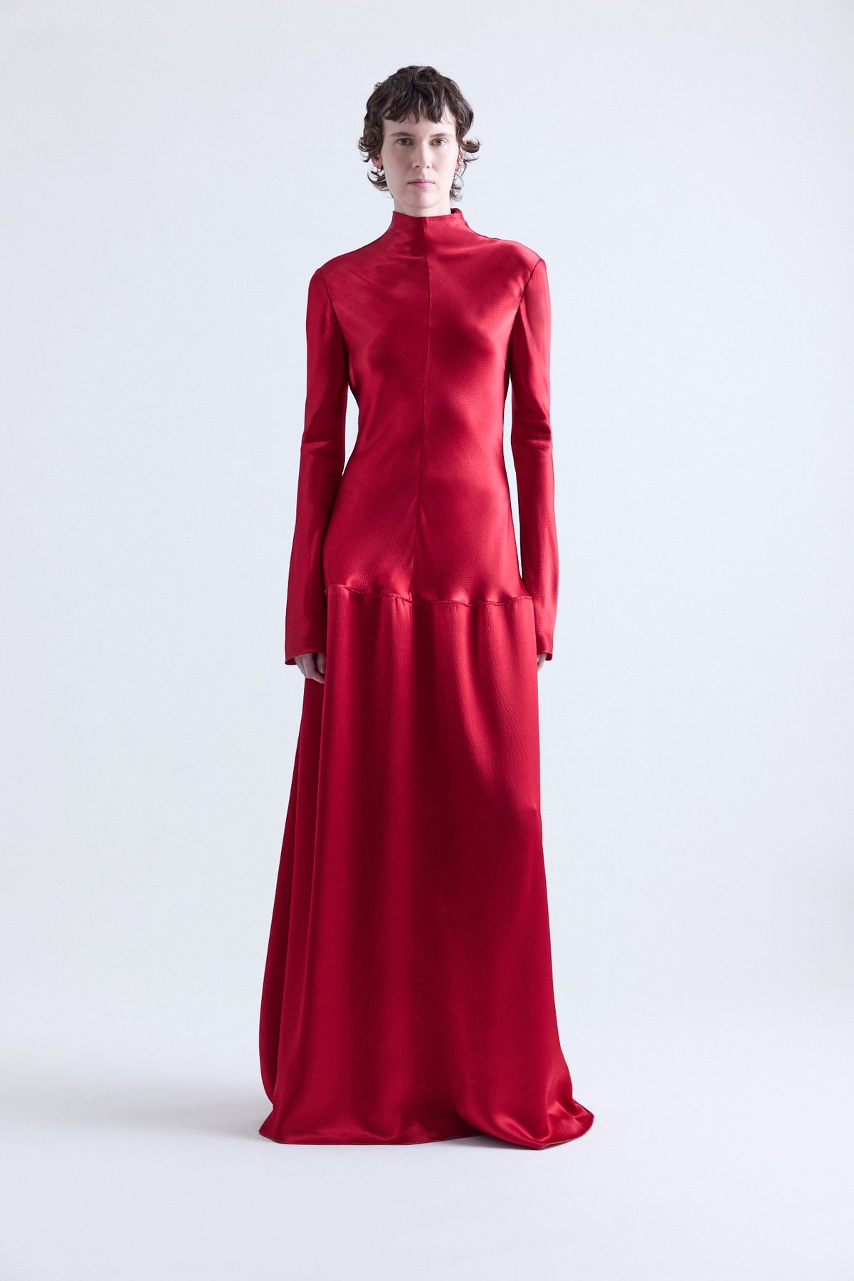 Mila Bias Cut Long Sleeve Dress In Bright Red